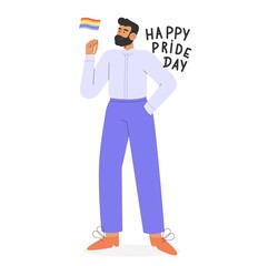 Flat vector illustration with homosexual man celebrating pride day. Concept of LGBTQ community or Pride Month.
