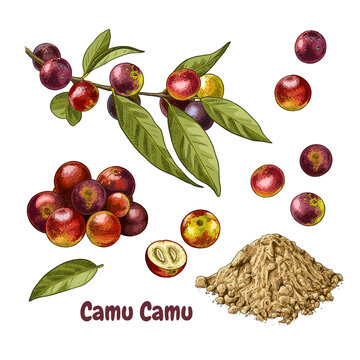 Hand drawn camu camu. Set of sketches with a branch with camu camu berries and leaves, powdered and berry cut in half. Superfood. Vector illustration isolated on white background.