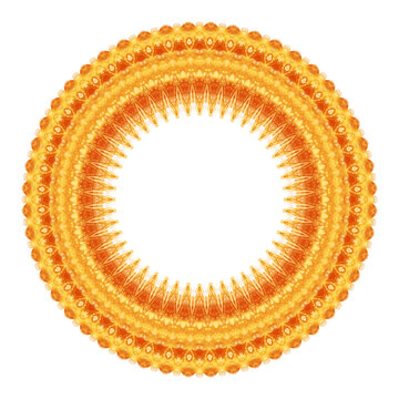Isolated on white orange, red and yellow watercolor painted round kaleidoscopic frame. Fine abstract multicolor symmetric painting. Artistic multicolored watercolour drawn mandala ring.