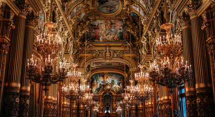 Beautiful interior of a palace with chandeliers