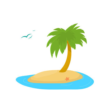 Desert island in ocean with one palmtree and red sea star on sand. Green palm tree in desert sand island. Icon circle image. Birds flying near ocean.