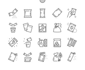 Sachet. Sugar powder packet, soluble pill. Aromatic sachet. Open package. Pixel Perfect Vector Thin Line Icons. Simple Minimal Pictogram - obrazy, fototapety, plakaty