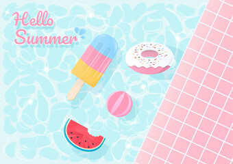 Summer background with dessert floating in the pool