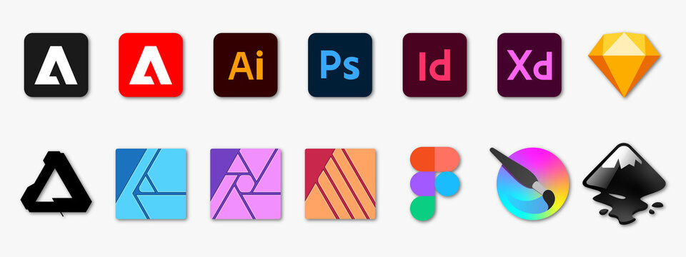 Adobe Illustrator, Photoshop, InDesign, Figma, Sketch, Inkscape, Affinity, Krita. Graphic design software logo set on isolated background. Isolated logotypes icons collection. Vector illustration 