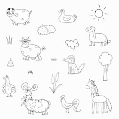 Vector set of doodles funny farm animals.