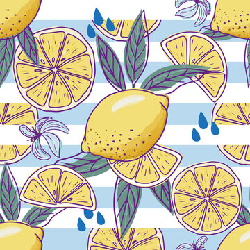 Lemon slices on a seamless pattern. Good for Restaurant menu backdrop or fabric design.