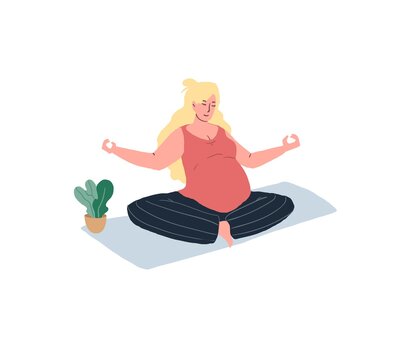 Vector flat cartoon character,pregnant woman sitting in lotus position-pregnancy yoga courses for new mothers,childbirth preparation,healthy happy motherhood social concept,web site banner ad design