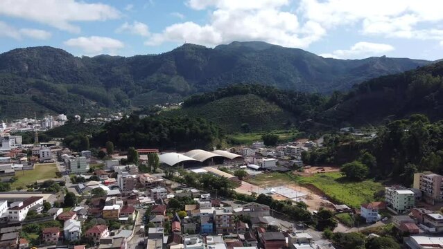 Small and organized country town with lots of vegetation, aerial drone view, Venda Nova do Imigrante, Espirito Santo, Brazil,
