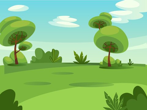 Vector Cartoon Flat Forest Area With Trees,bushes And Grass On Lawn-scenery Of Ecological Organic Urban Green Space For People Recreation,city Park Elements Concept,web Online Banner,ad,site Design