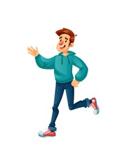 Vector cartoon flat happy character in joyful mood.Young man celebrate success,jump happily,rejoice,send greetings-communication,emotions,friendship,positive social concept,web site banner ad design