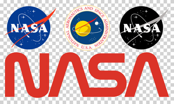 Vinnytsia, Ukraine - May 17, 2022: Set of space companies logos. NASA seal, NASA meatball insignia, NASA worm logotype. Editorial illustration isolated on transparent background