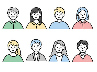 人物アイコンイラスト(アバター、男女、20代、30代、ファッション、髪型、若者、老若男女、中年、 顔パターン) Illustration of person icon illustration.Avatars, men and women, fashion, hairstyle, young people, men and women, middle age, face patterns.