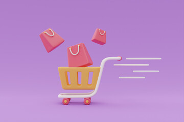 Shopping cart with bags, Flash sale promotions concept on purple background, 3d rendering. - obrazy, fototapety, plakaty