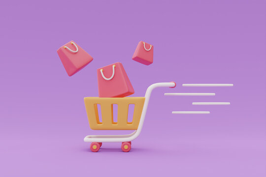 Shopping cart with bags, Flash sale promotions concept on purple background, 3d rendering.