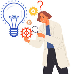 Fototapeta na wymiar Search for solutions, strategy planning, project creation. Woman in lab coat creates plan of new project. Lady working on innovative idea. Chemist near light bulb and gears as symbols of invention