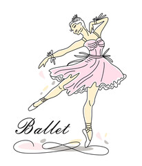 Woman ballet dancer of continuous line drawing in pink color. Dance trend logotype.