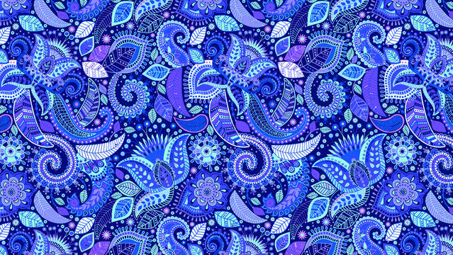 blue background with flowers and swirling shapes