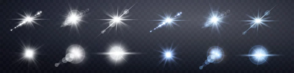 Fototapeten Silver and blue lens flares set. Isolated on transparent background. Sun flash with rays or spotlight and bokeh. Glow flare light effect. Vector illustration © Elena