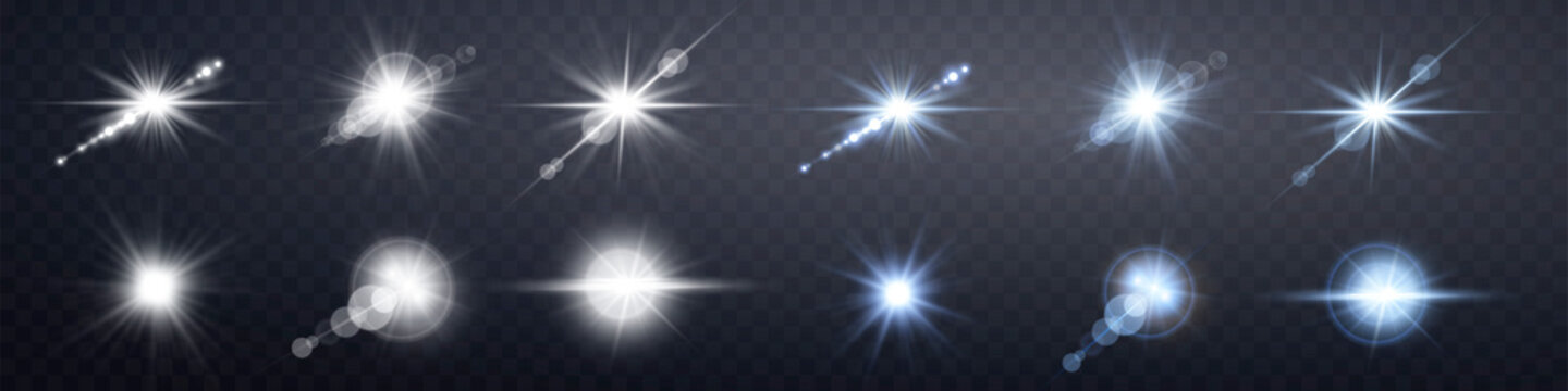 Silver and blue lens flares set. Isolated on transparent background. Sun flash with rays or spotlight and bokeh. Glow flare light effect. Vector illustration