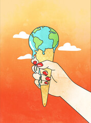 réchauffement climatique, main qui tient une glace comme une planète terre qui fond - obrazy, fototapety, plakaty
