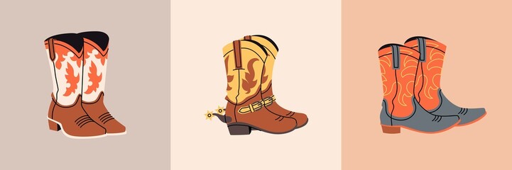 Set of Stylish cowboy boots with different ornaments. Shoe pairs collection. Wild West theme. Hand drawn colored trendy Vector illustration