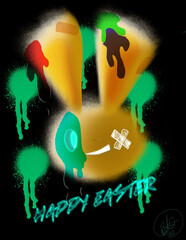 Illustration of an emo bunny with Happy Easter text - obrazy, fototapety, plakaty