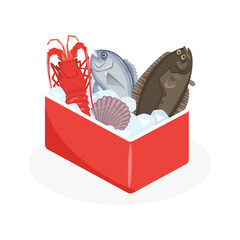 Ice box with fresh seafood.