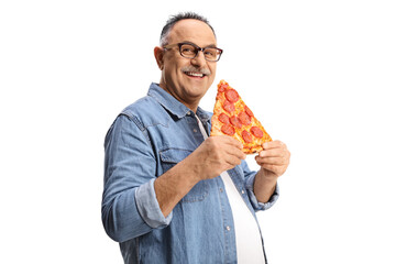 Cheerful mature man holding pepperoni pizza slice and smiling at camera - obrazy, fototapety, plakaty