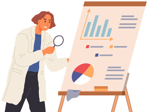 Search for solutions, scientific analysis concept. Man looking at statistical chart. Scientist works with data analytics and research of statistics. Person with magnifying glass analyzes diagram