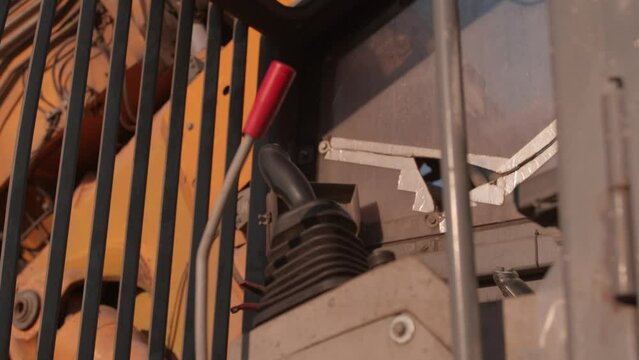 interior of the cab of an inoperable excavator