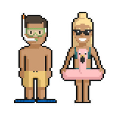 Pixel art set of cute boy and girl on the beach in summer on a white background. - 505473305