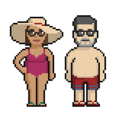 Pixel art set of cute man and woman on the beach in summer on a white background. - 505473326