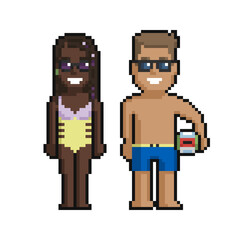 Pixel art set of cute boy and girl on the beach in summer on a white background. - 505473350