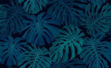 Seamless green hand drawn tropical vector pattern with monstera palm leaves on dark background. - 505473526