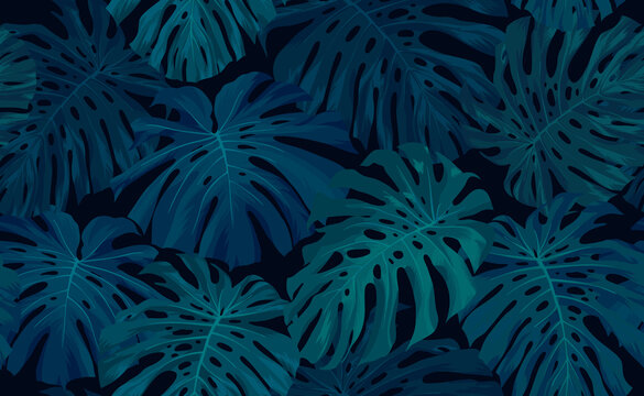 Seamless green hand drawn tropical vector pattern with monstera palm leaves on dark background.