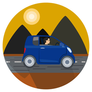 Traveling through a deserted, mountainous area in a small car. A blue car with a woman driver is driving along the road against the background of mountains. Vector illustration isolated.