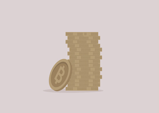 A stack of gold metal bitcoins, a banking service concept