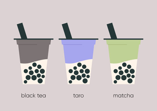 A set of boba-tea cups to take away with different flavors, a classic black tea, purple taro, and green matcha latte