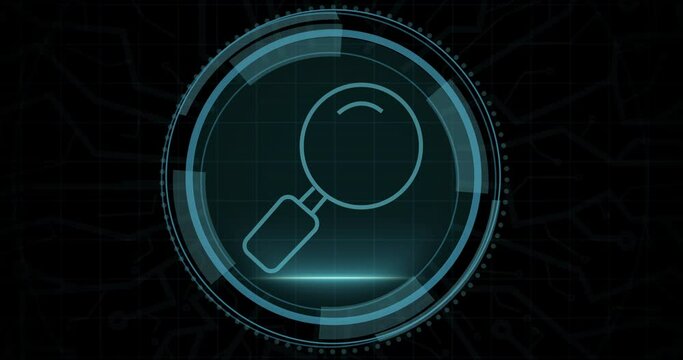 Animation of magnifier in circle and cyber security on black background