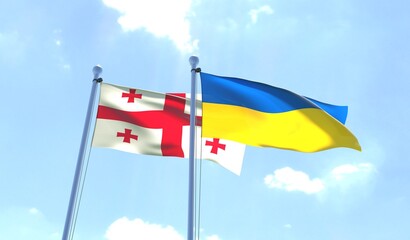 Ukraine and Georgia, two flags waving against blue sky. 3d image