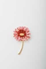 Metallic brooch in shape of flower with golden stem and coral petals, pin on white background, bijouterie, jewelry close up