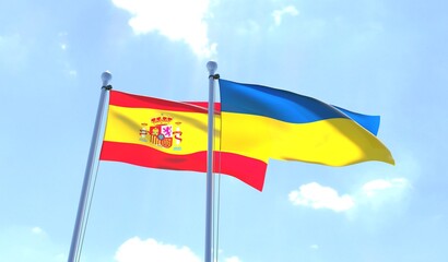 Ukraine and Spain, two flags waving against blue sky. 3d image