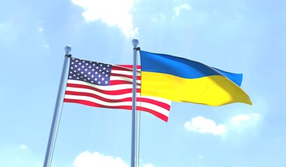 Ukraine and USA, two flags waving against blue sky. 3d image