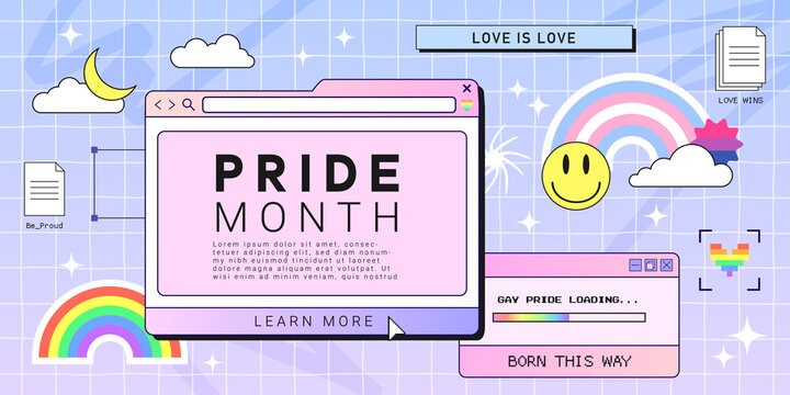 Happy Pride Month Banner As Retro Browser Computer Window, 90s Vaporwave Style With Smile Face Hipster Stickers. Retrowave Pc Desktop With Lgbt Rainbow. Concept Of Human Equality