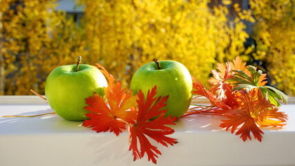 Green apples on a yellow background, close up. Still life on the window opposite the autumn forest. Fall composition.
