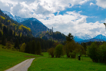 View of famous and amazing Neuschwanstein Castle, Füssen, Bavaria, Germany, seen from the...