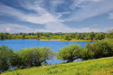 Beautiful dutch countryside landscape, green meadow trees, river Maas lake, blue summer