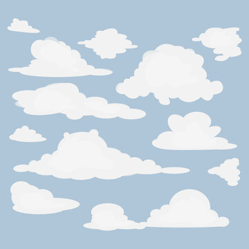 Set of vector flat clouds. Blue sky with white clouds. Vector illustration.