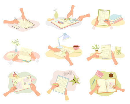 View from above of female hands painting, filling diary and planners, making to do list, signing documents set vector illustration