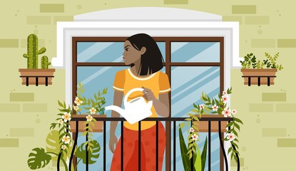 Ecological thinking. Balcony garden. A young African American woman is watering flowers and taking care of a small balcony garden. Vector illustration in flat cartoon style.